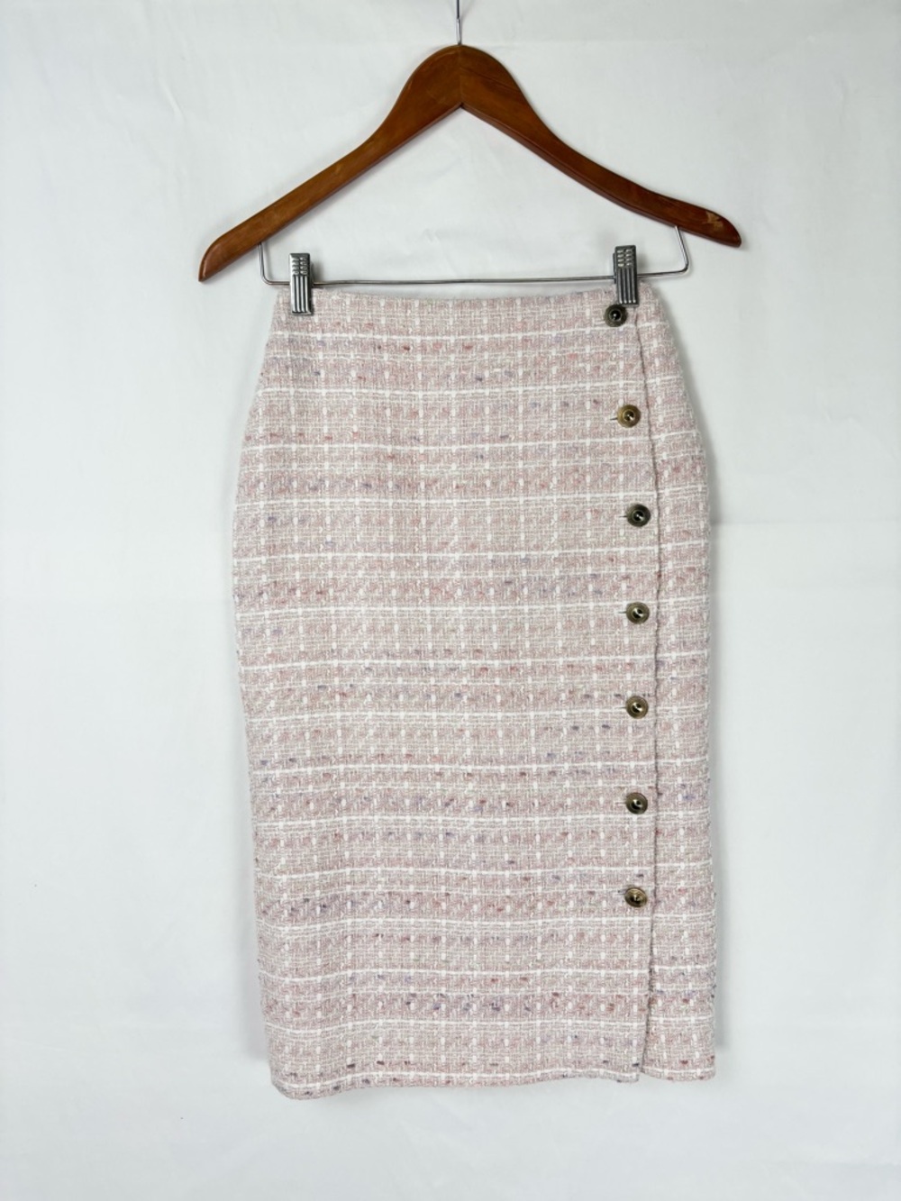 Karen Millen‎ Tweed Midi Skirt Size 2 Buttons Pink White